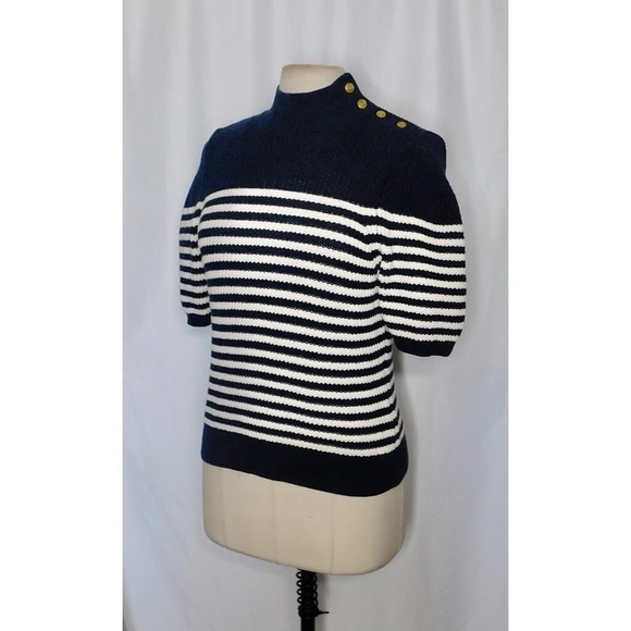 Anthropologie MAEVE Puff-Sleeves Sweater Tee Sailor Stripe Nautical Medium - Picture 7 of 15